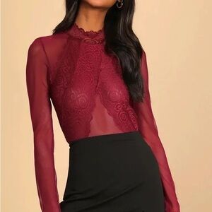 Show Stopping Burgundy Sheer Lace Long Sleeve Bodysuit